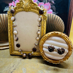 Vintage Necklace & Clip-On Earrings Set |‎ Brown Cluster Beads | Mid-Century